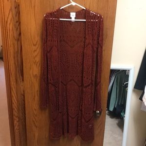 Brick red, open stitch, long line cardigan